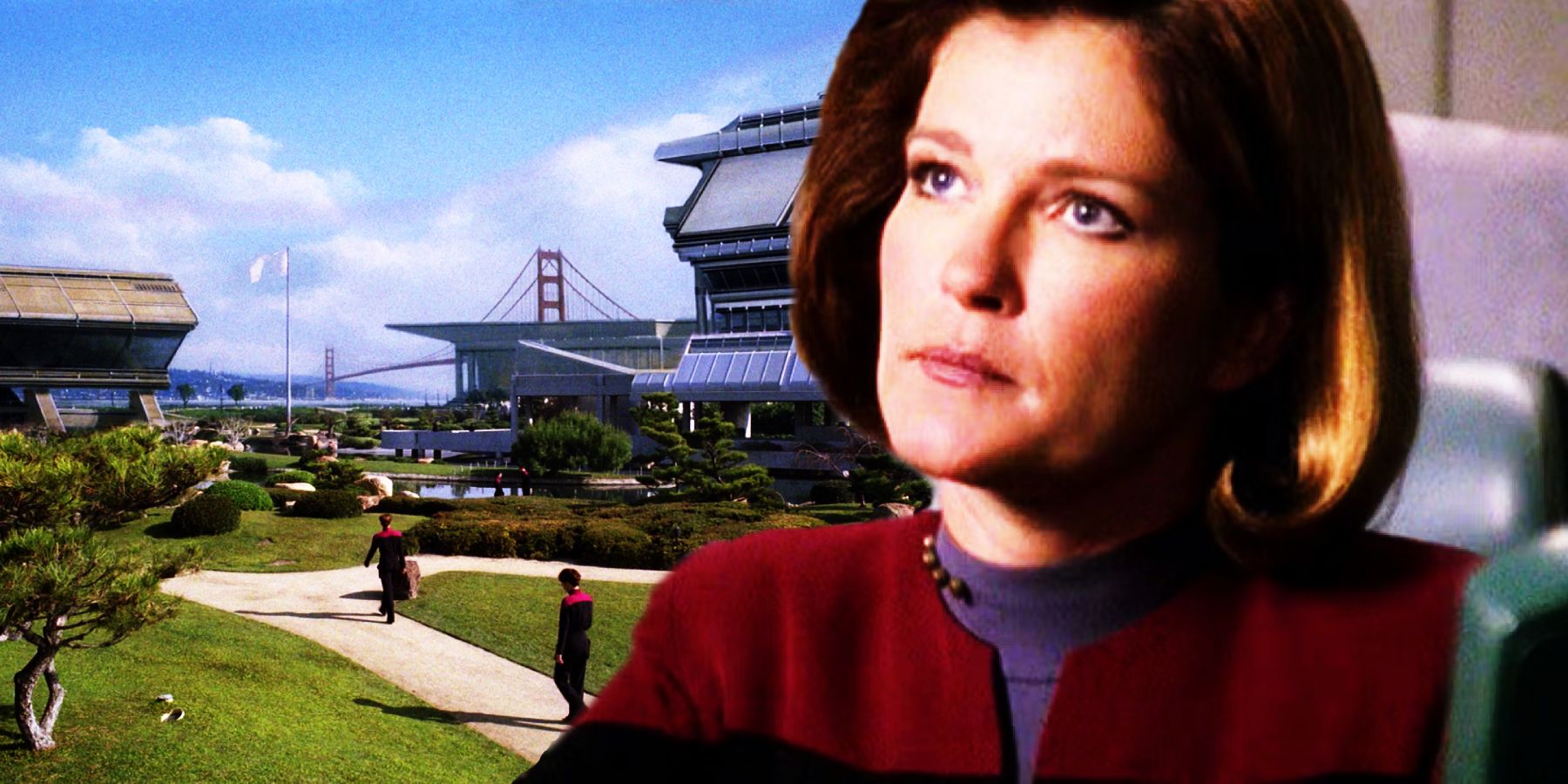 Captain Janeway looks concerned next to a picture of Starfleet Academy