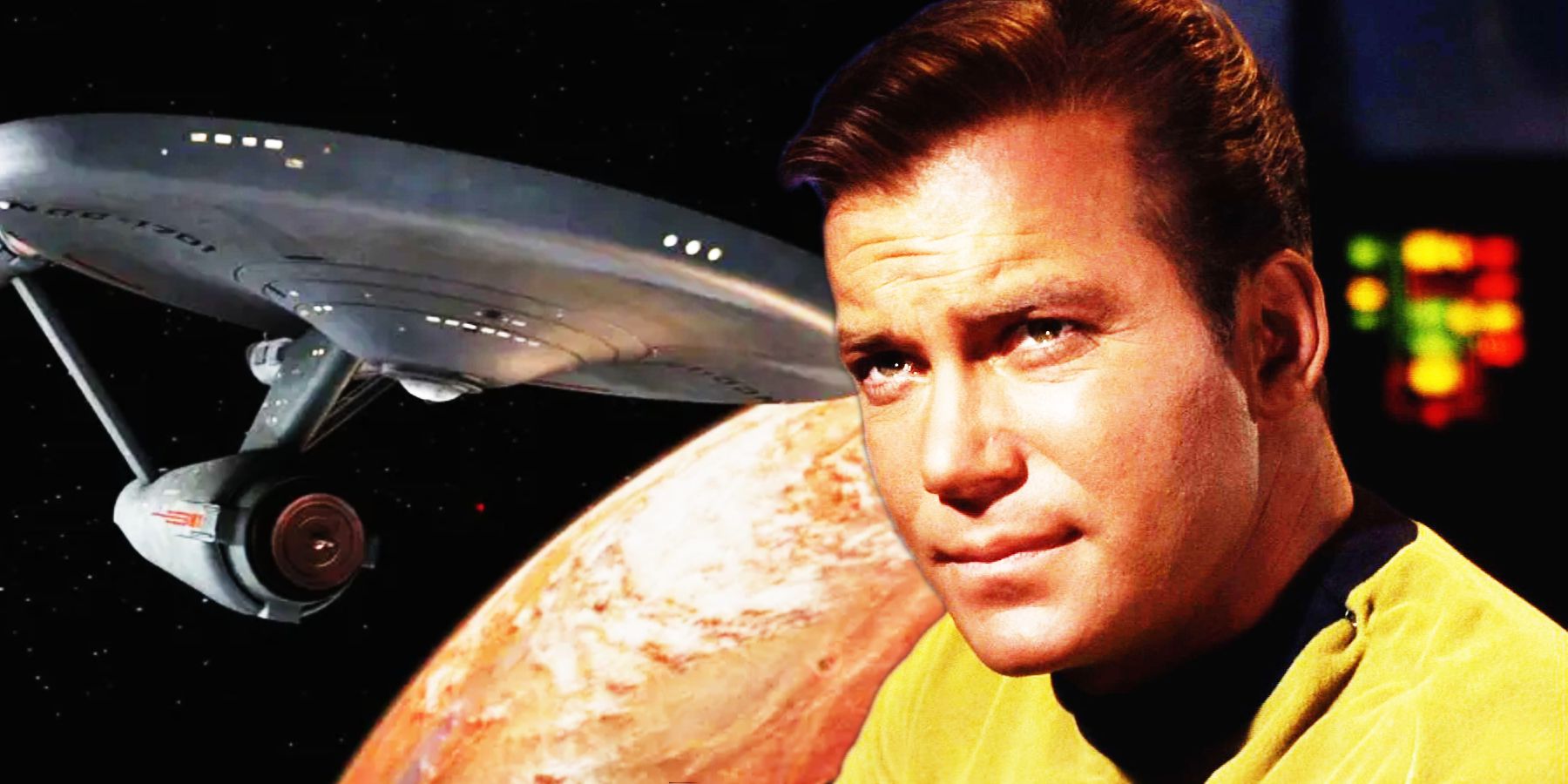 The USS Enterprise in orbit above a planet, with Captain James T Kirk at the bridge