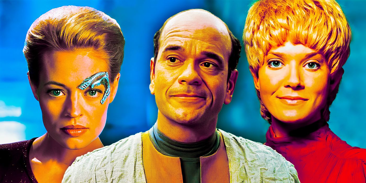 Seven of Nine, the Doctor, and Kes from Star Trek: Voyager.