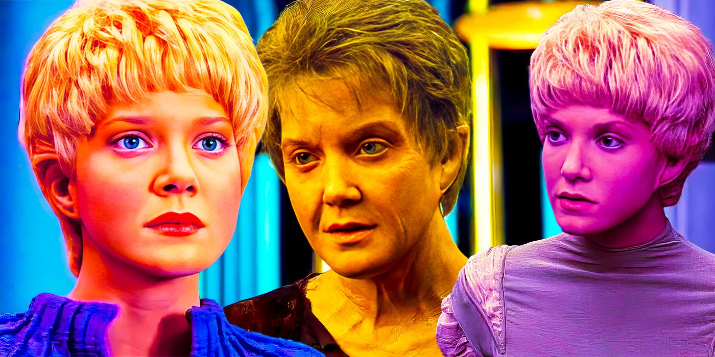 Uma colagem de Kes (Jennifer Lien) de Star Trek: Voyager em várias idades, com duas imagens dela jovem e uma dela mais velha na 7ª temporada de Voyager.
