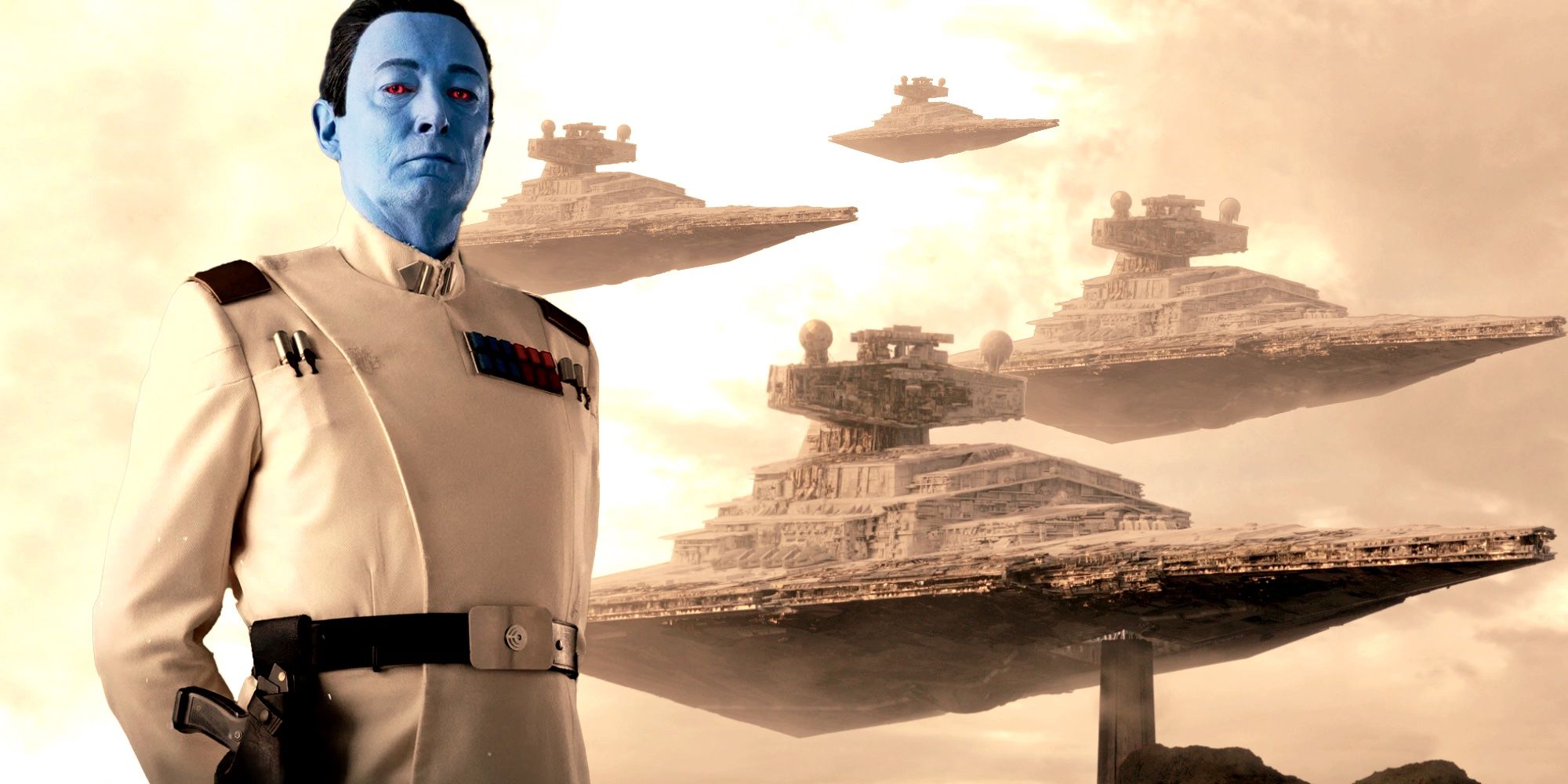 Collage of Grand Admiral Thrawn (Lars Mikkelsen) standing in front of Imperial Star Destroyers in Ahsoka