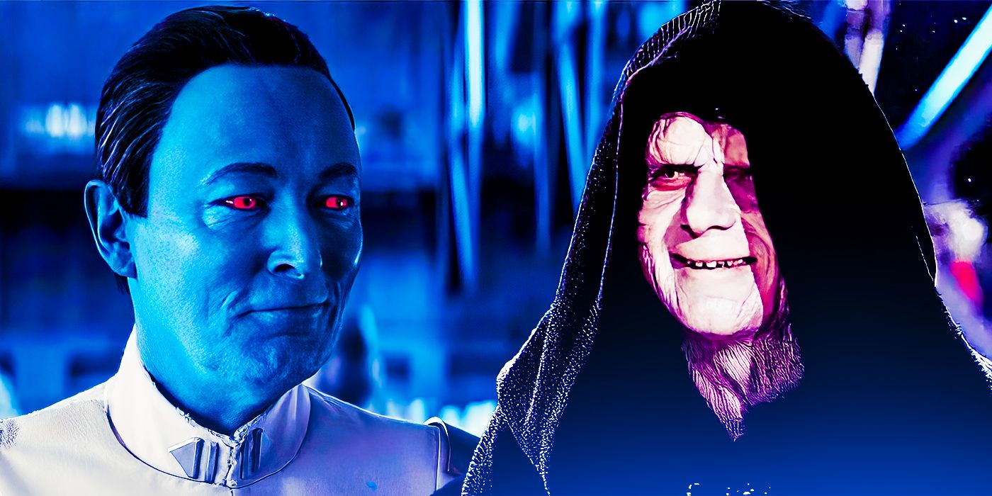 O Grande Almirante Thrawn e o Imperador Palpatine em Star Wars, ambos sorrindo, se encaram em uma imagem combinada