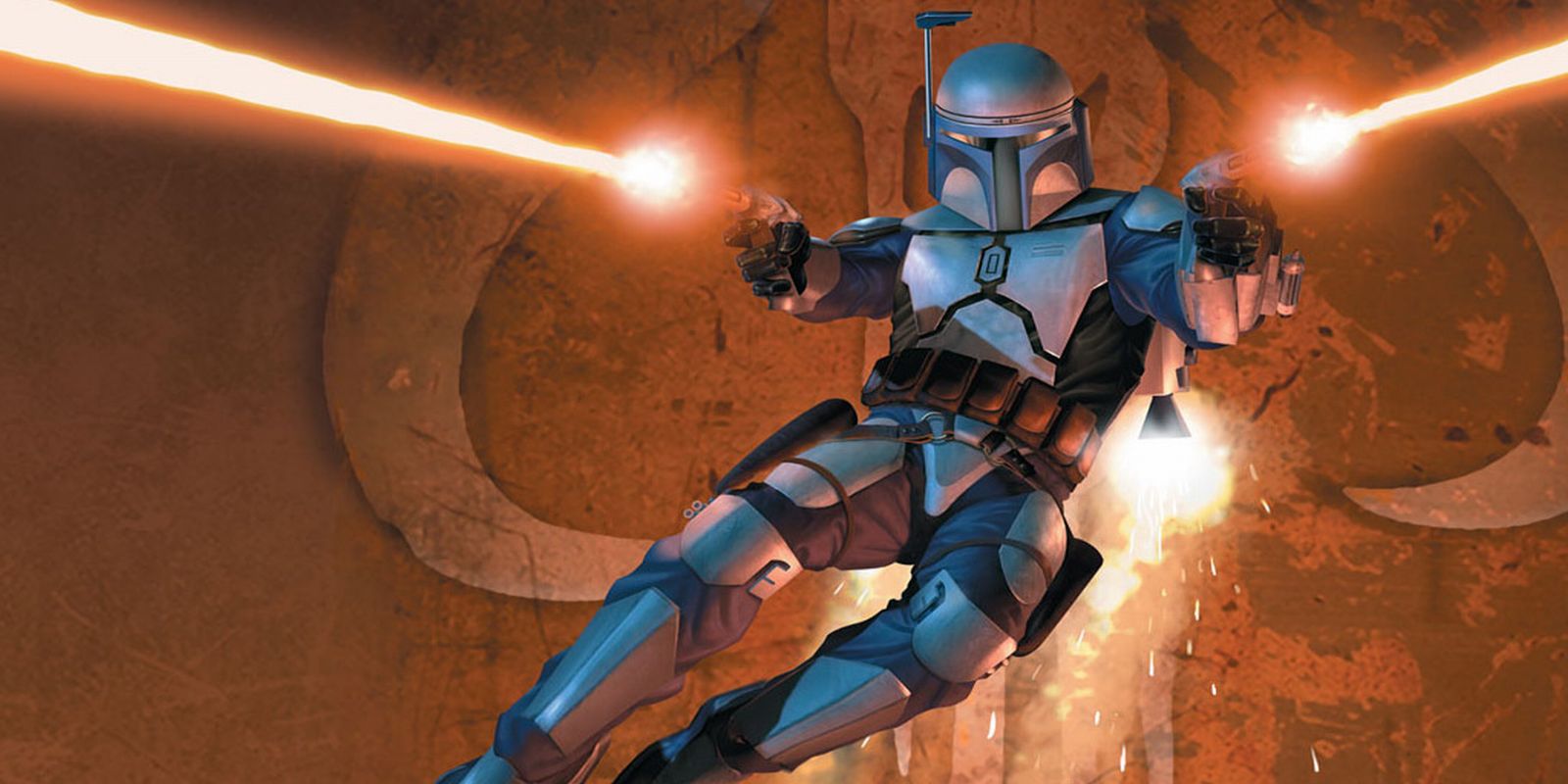 Jango Fett wearing a full-body suit of armor, shooting two blaster pistols, while using a jetpack.