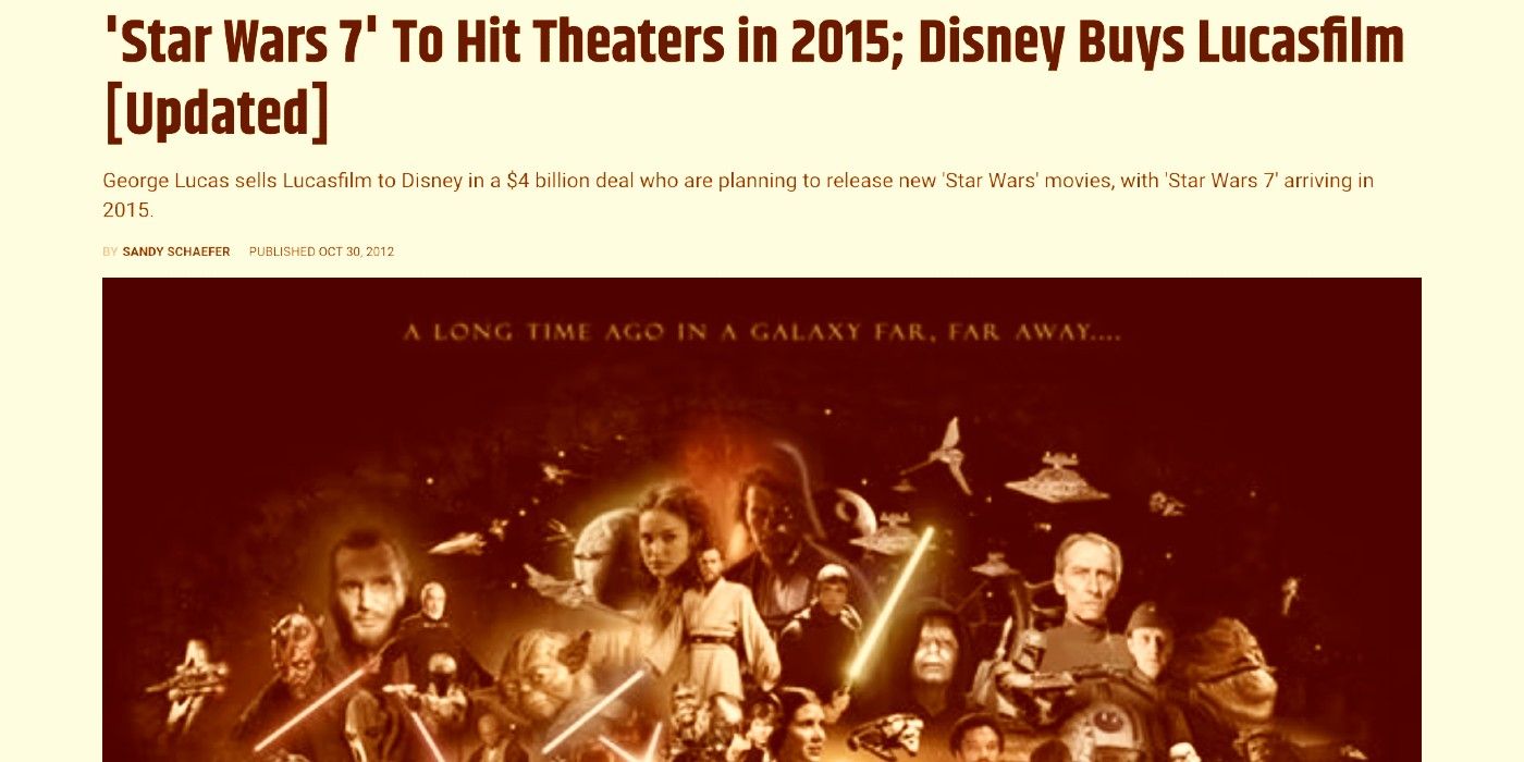 Screen Rant headline announcing Disney's purchase of LucasFilm