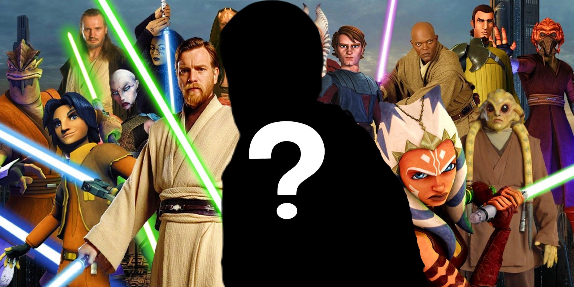 Star Wars various Jedi across all generations with Cal Kestis&rsquo;s blacked-out silhouette and a question mark