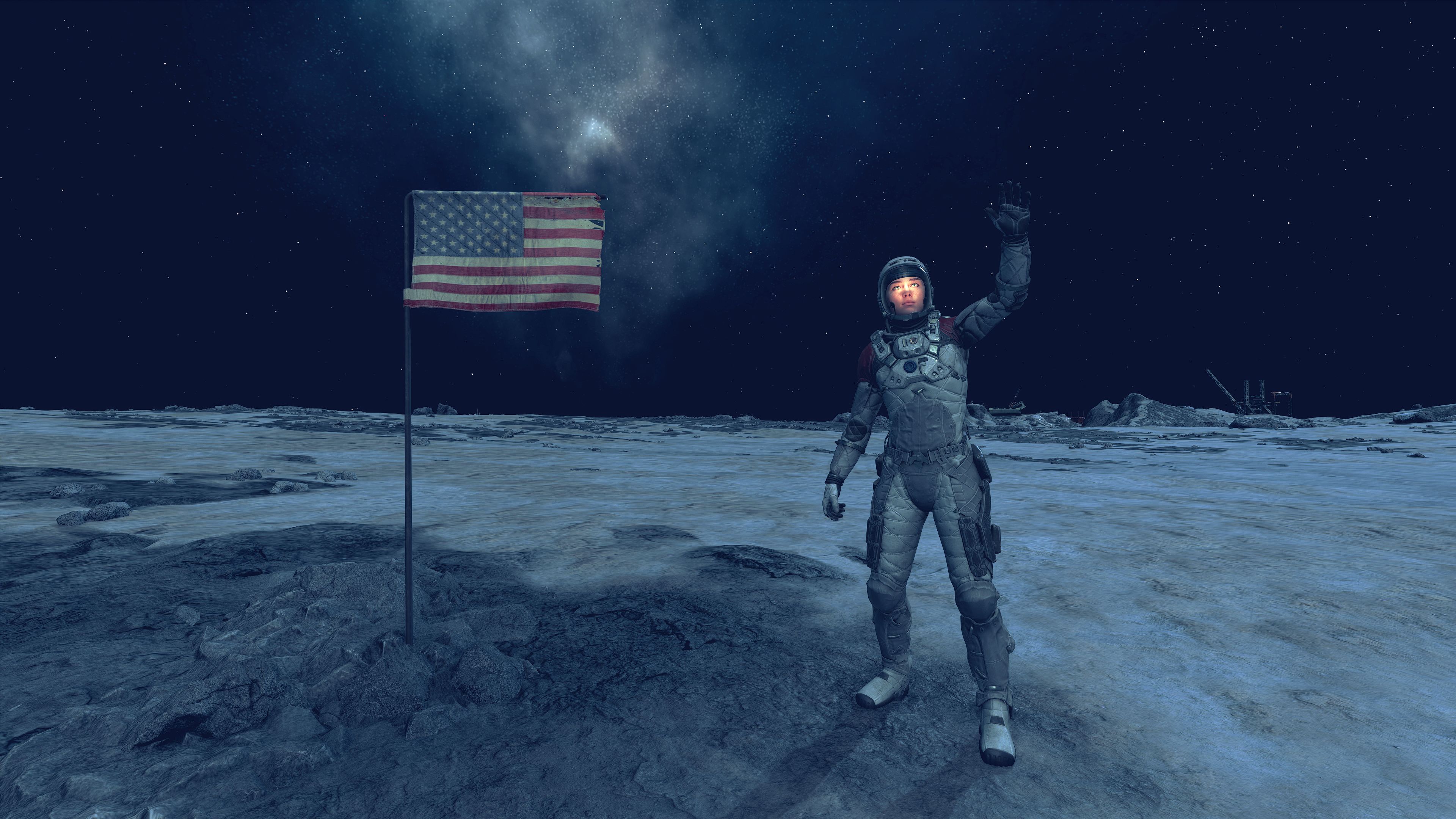 Starfield Player Wearing Mark 1 Constellation Spacesuit Armor Set Waving Near American Flag On Moon