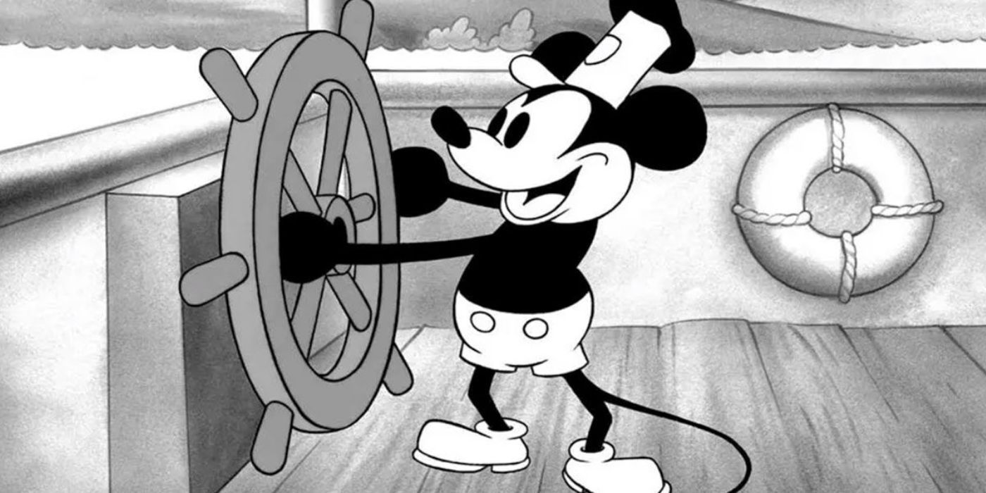 Mickey Mouse steering a boat and smiling in Steamboat Willie