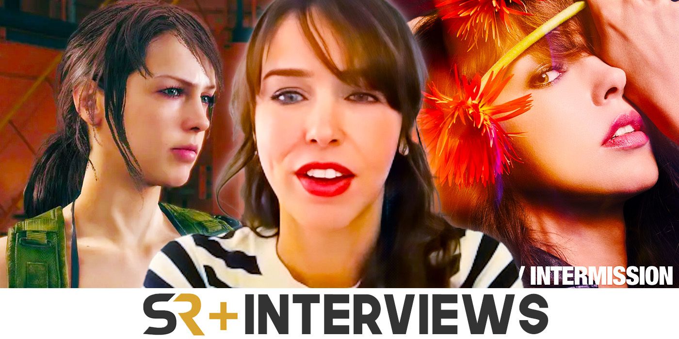 From left to right, Quiet from Metal Gear Solid, Stefanie Joosten talking, and Stefanie Joosten's album cover for Intermission with the SR Interviews logo below.