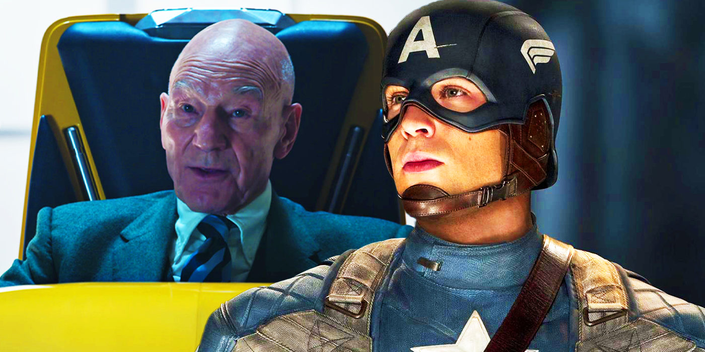 Steve Rogers' Captain America in his WWII costume with Professor X in his yellow wheelchair in Doctor Strange in the Multiverse of Madness