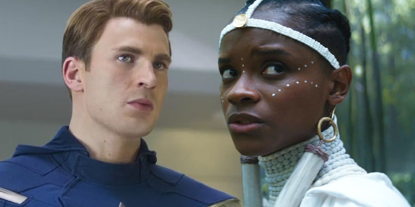 Steve Rogers (Chris Evans) in The Avengers and Shuri (Leticia Wright) in Black Panther Wakanda Forever