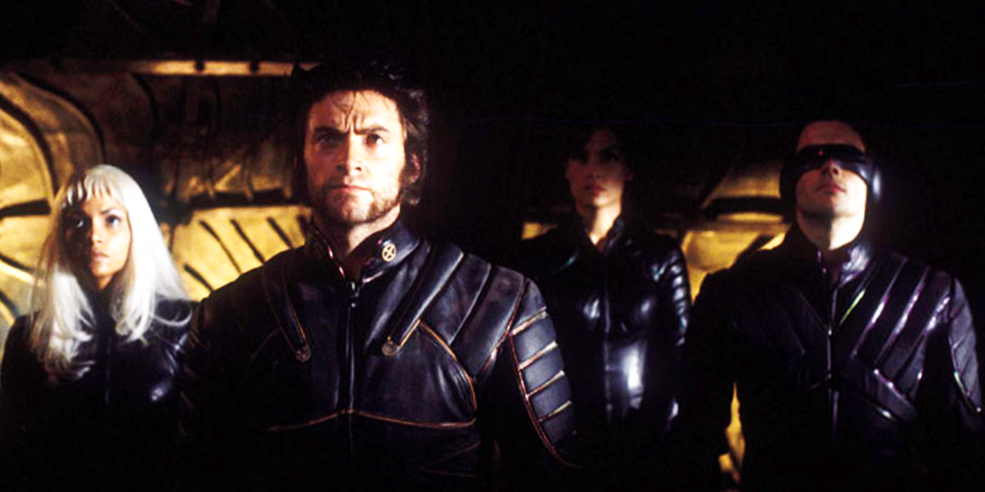 Tempestade, Wolverine, Jean Grey e Ciclope como a equipe dos X-Men em X-Men de 2000