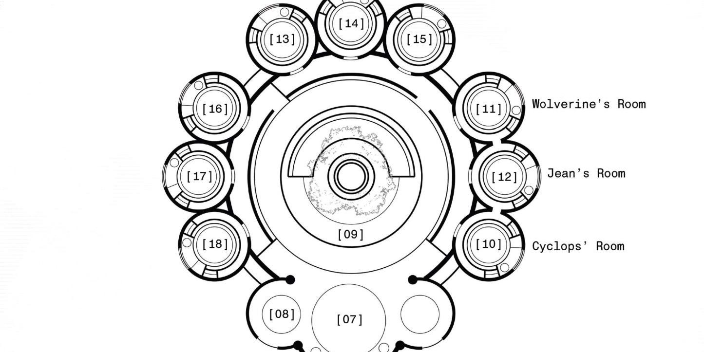 Mapa da casa Summers Moon de X-Men, apresentando os quartos interligados de Ciclope, Jean e Wolverine.