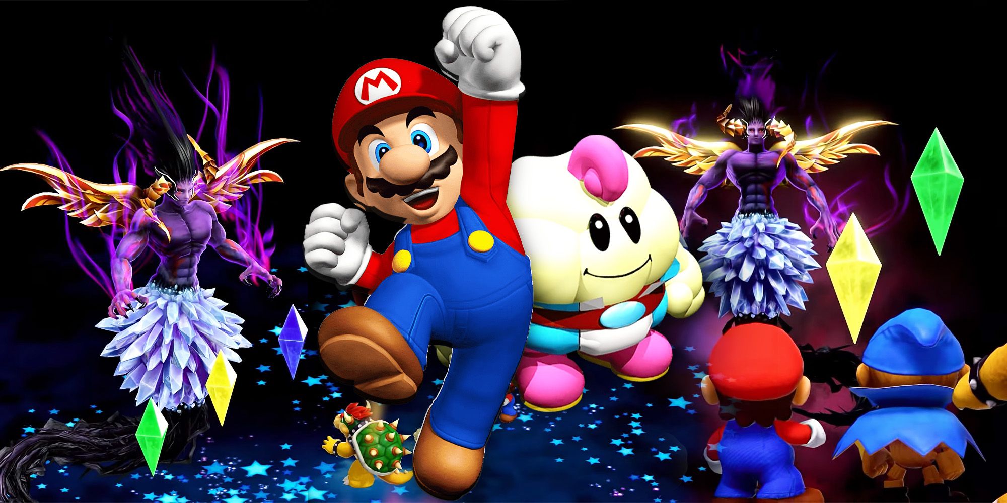 Mario jumps and Mallow smiles in the foreground, while Bowser, Mario, and Geno fight Culex 3D and his elemental crystals in the background of screenshots from Super Mario RPG.