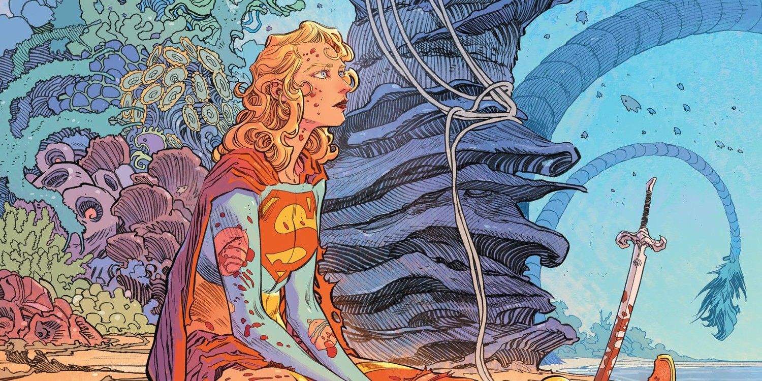 Supergirl sentada após a batalha coberta de sangue na capa da revista Supergirl Woman of Tomorrow