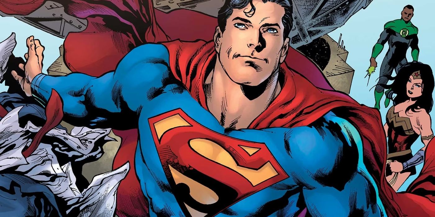 Superman, Jon Stewart y Wonder Woman flotan en el aire mientras el Hombre de Acero se deshace de su identidad de Clark Kent.