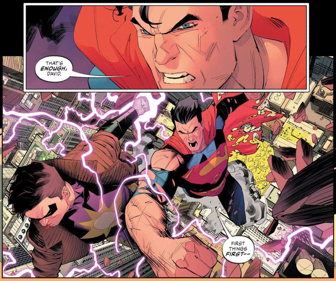 Comic book panels: Superman punches another costumed character named Thunderman.