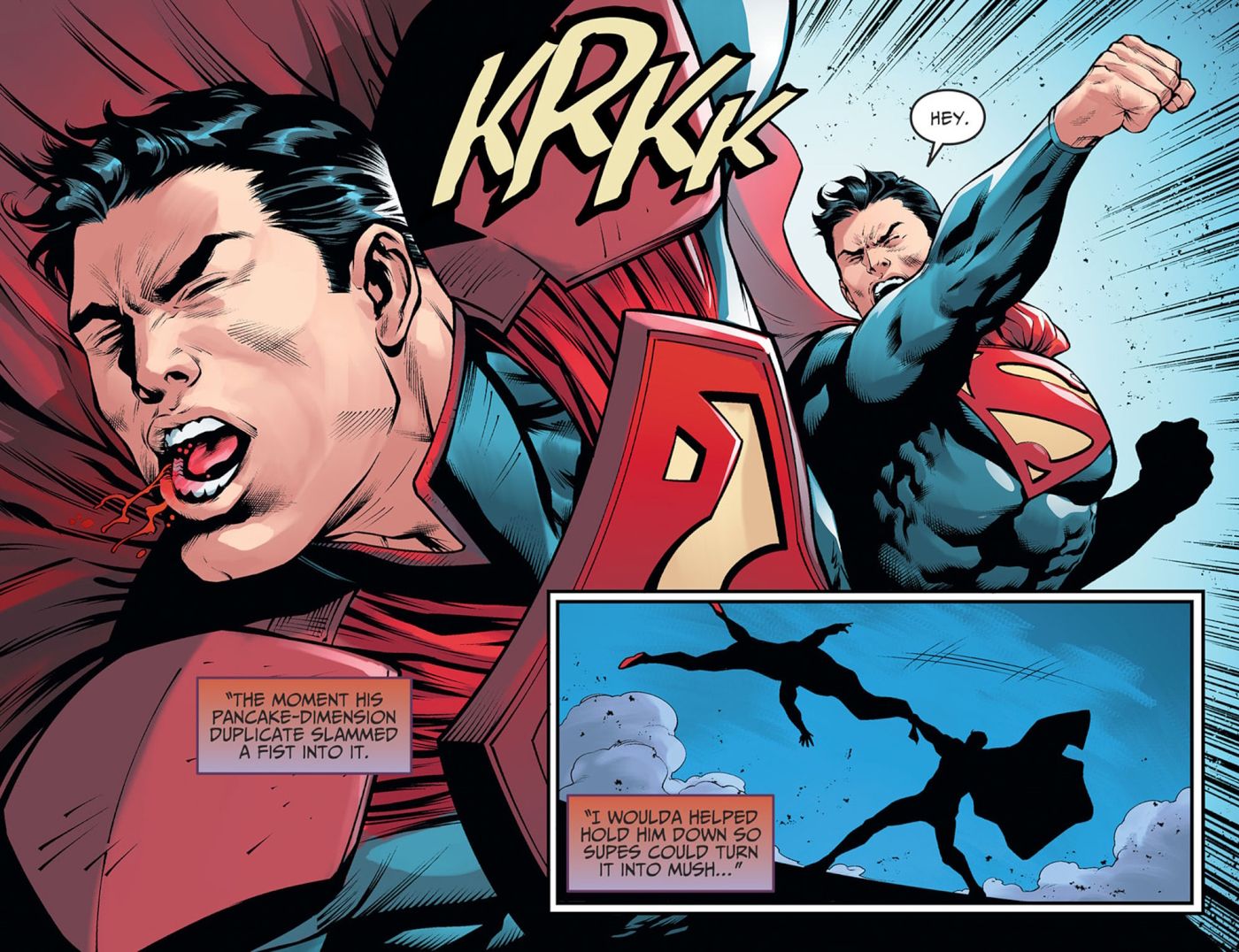 Comic book panels: Superman punches an armored version of Superman from Injustice.