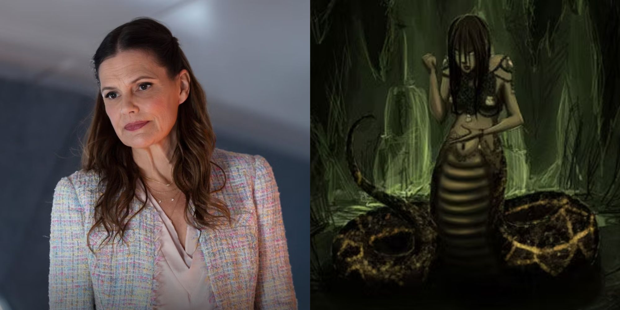 Suzanne Cryer as Echidna in Percy Jackson and an artwork of the character