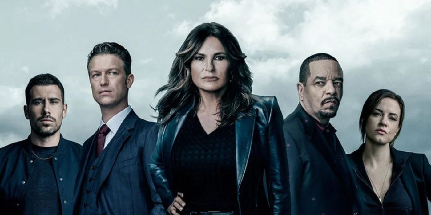 The cast of Law & Order SVU season 25 looks on in a promo image