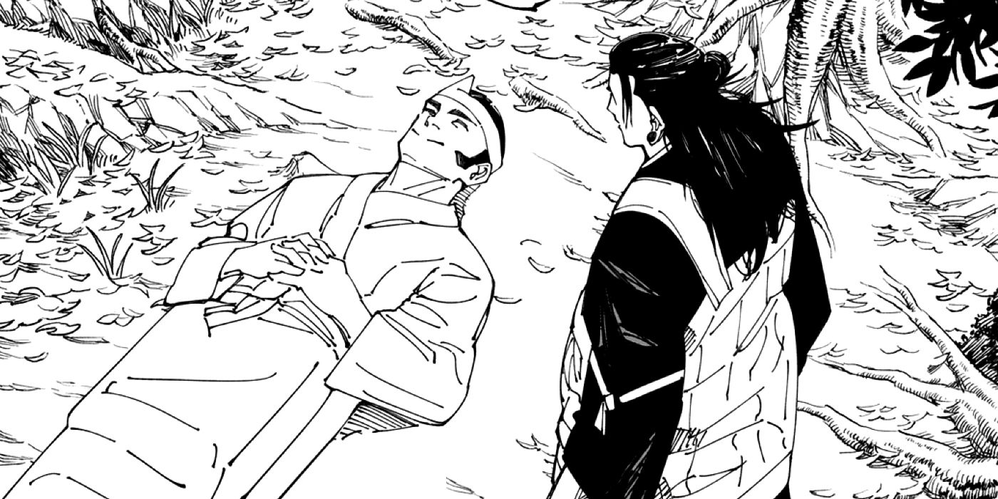 Takaba lying on the floor peacefully before Kenjaku in Jujutsu Kaisen