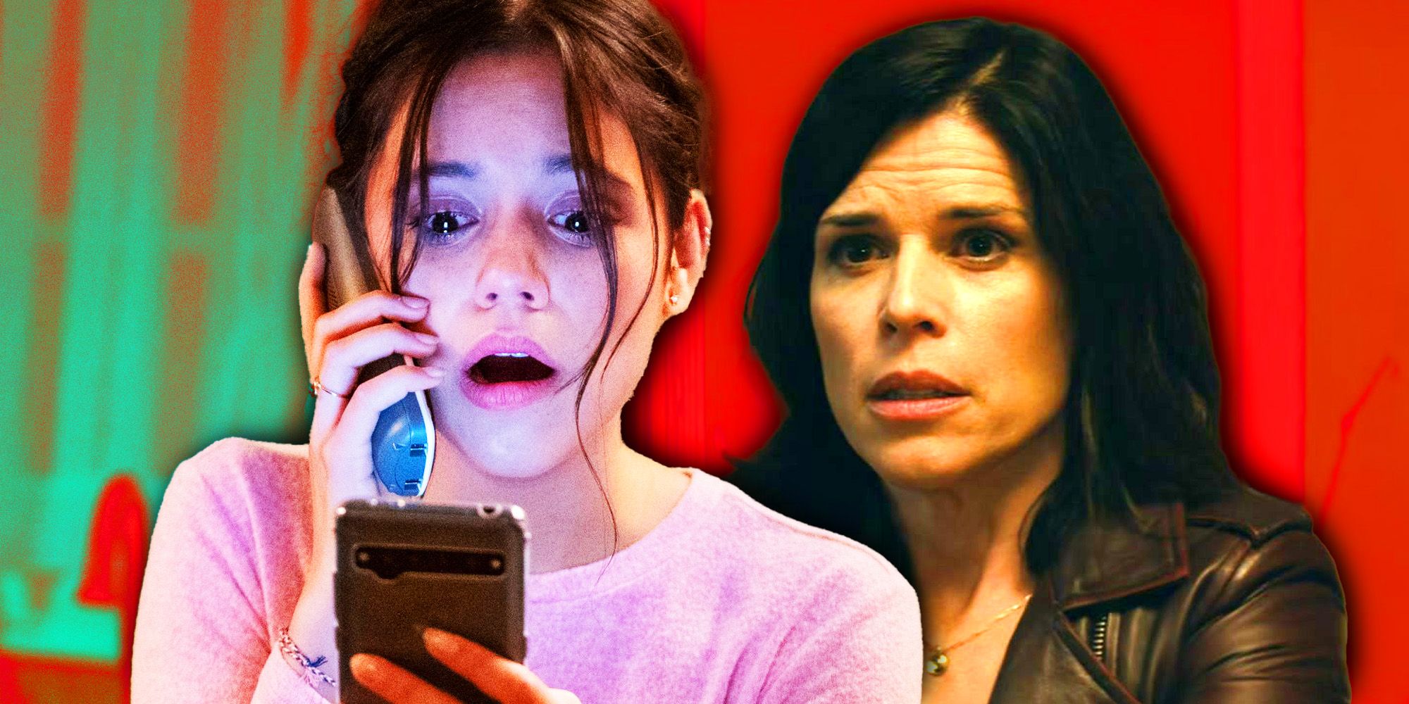 Tara on the phone crying and scared while looking at a cellphone next to a surprised Sidney in Scream