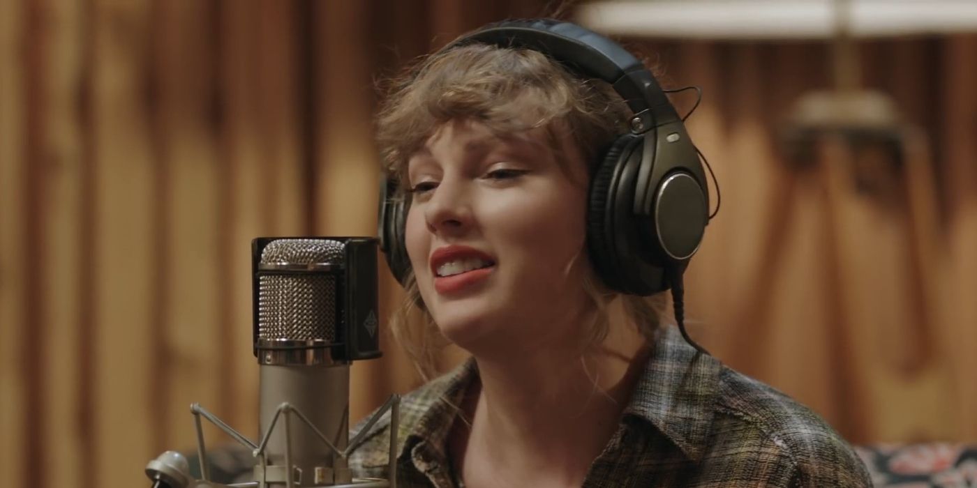 Taylor Swift recording in a studio in Folklore