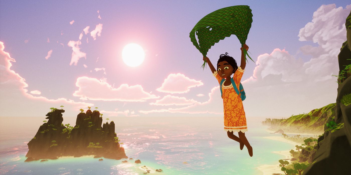 A girl holds onto a paraglider woven out of palm frond leaves over a tropical island.