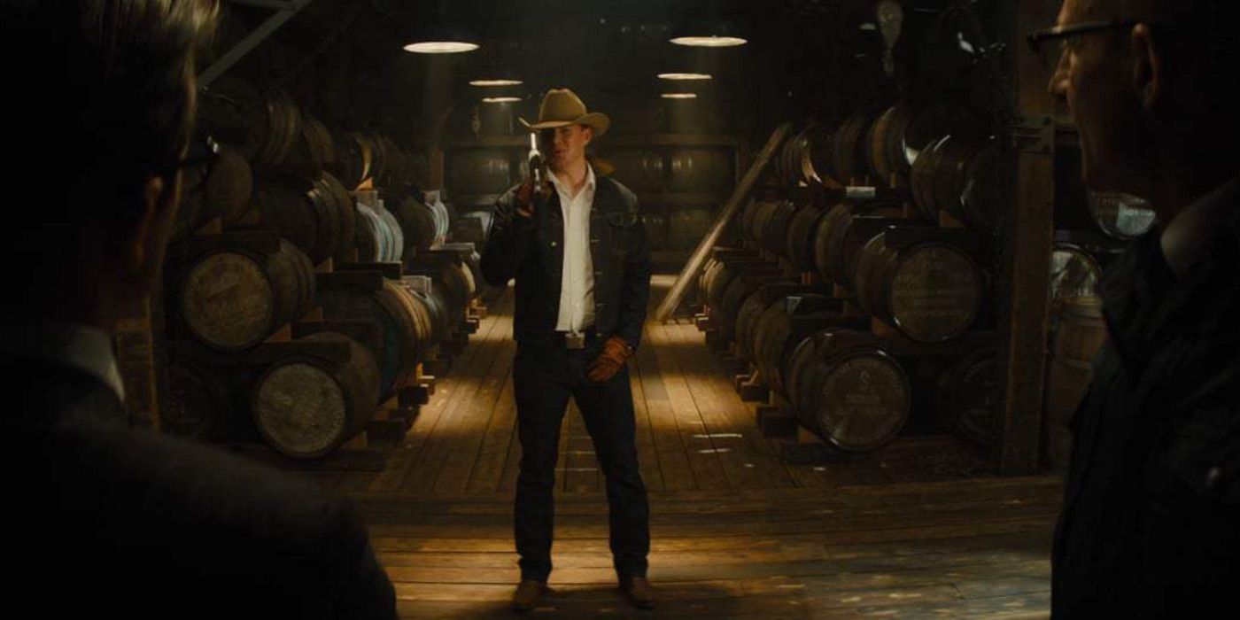 Tequila surrounded by barrels of whiskey in Kingsman 2.