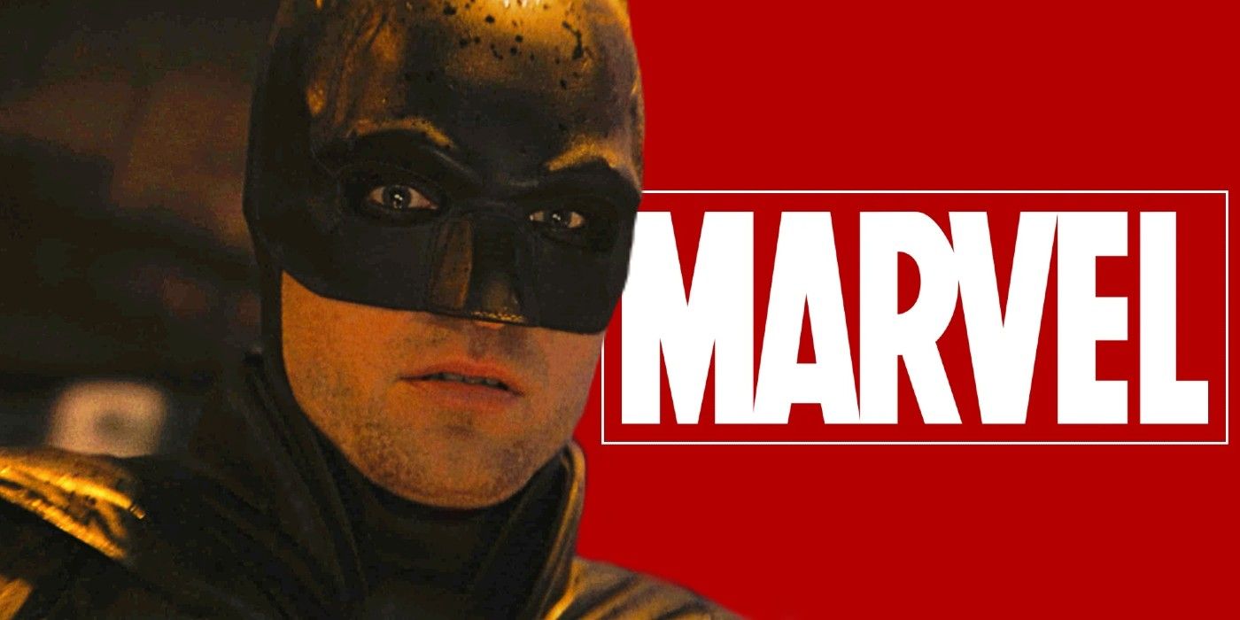 Custom image of Robert Pattinson's Batman and the Marvel logo.