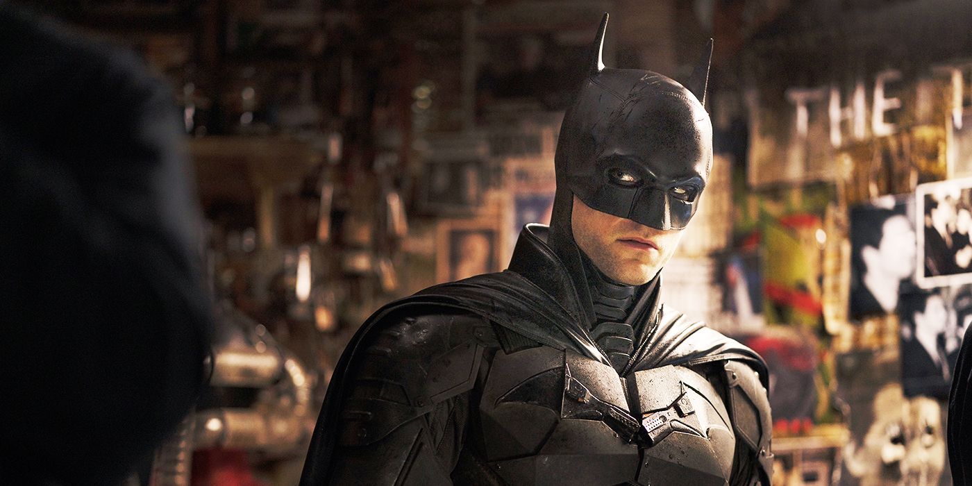 Robert Pattinson in full costume as Batman in The Batman