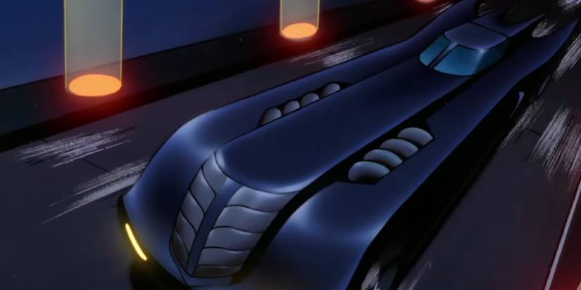 The Batmobile drives down the streets of Gotham in Batman The Animated Series