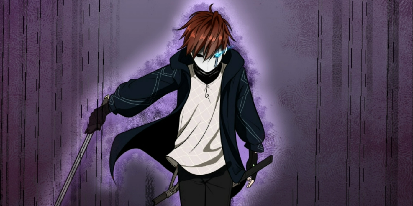 Red haired child wearing mask and carrying sword from The Beginning After the End manhwa.