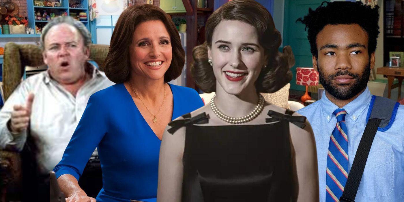 Collage of All in the Family, Veep, The Marvelous Mrs. Maisel and Atlanta