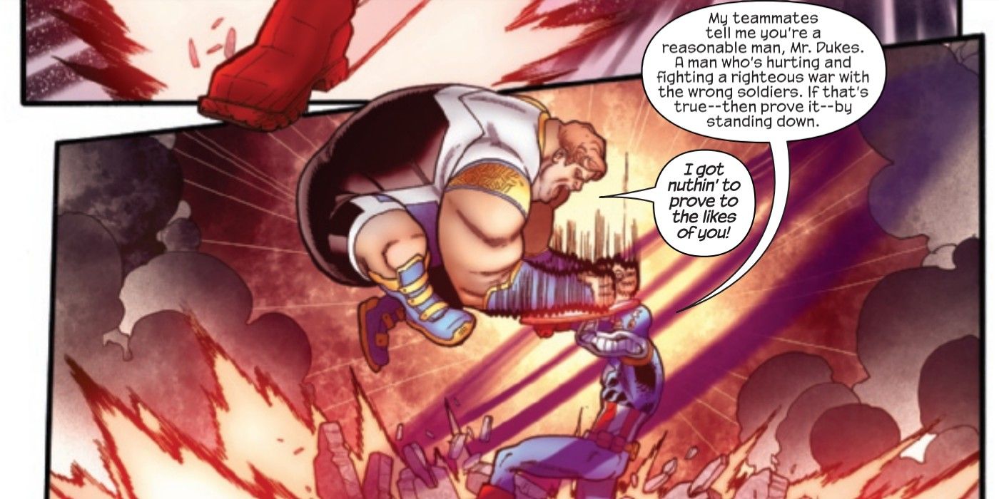 panels from Uncanny Avengers #4, Blob vs Captain America