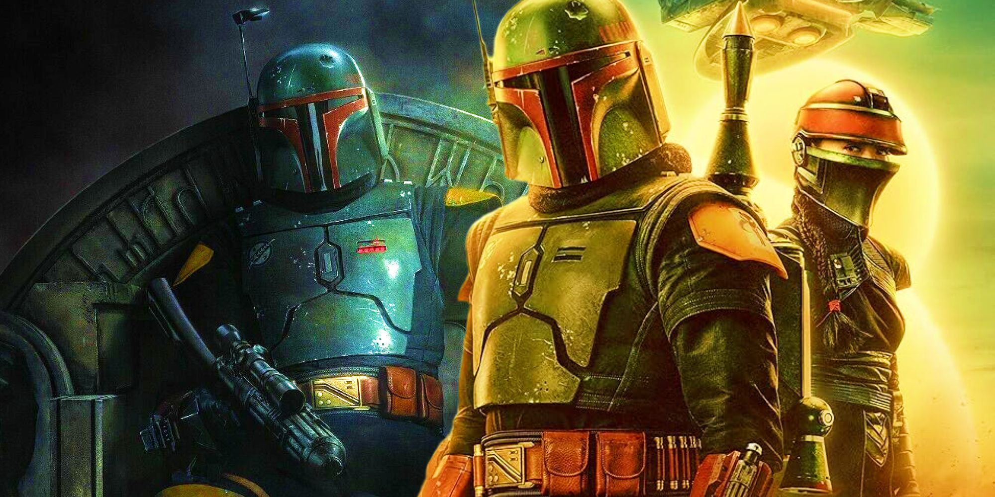 Boba sitting on his throne next to Boba Fett and Fennec Shand in the two posters for The Book of Boba Fett