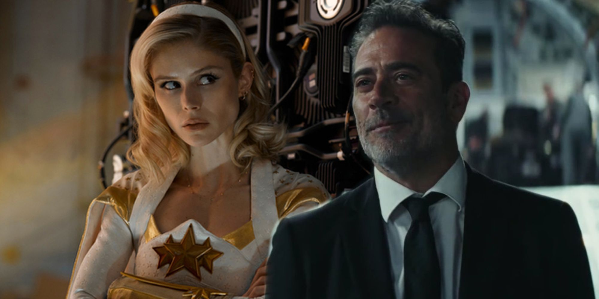 The Boys Erin Moriarty as Starlight and Jeffrey Dean Morgan in a suit