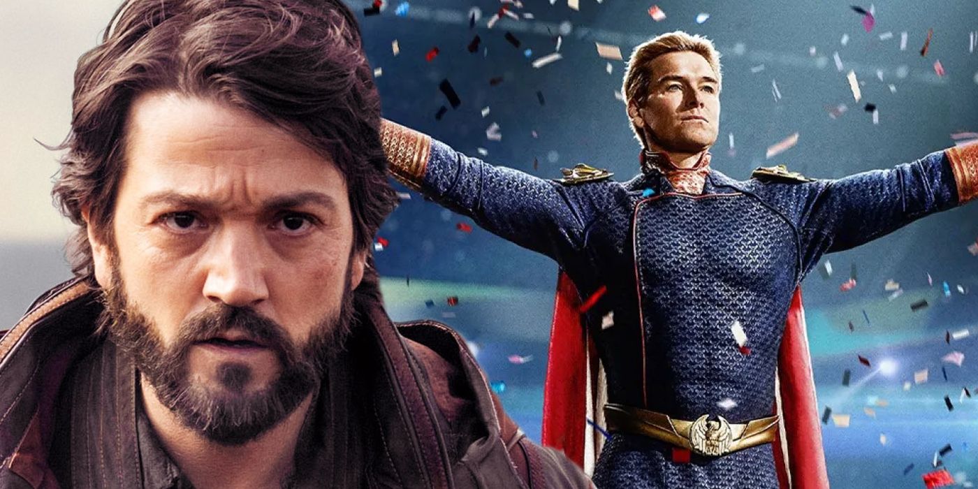 A composite image of Diego Luna and Homelander in The Boys