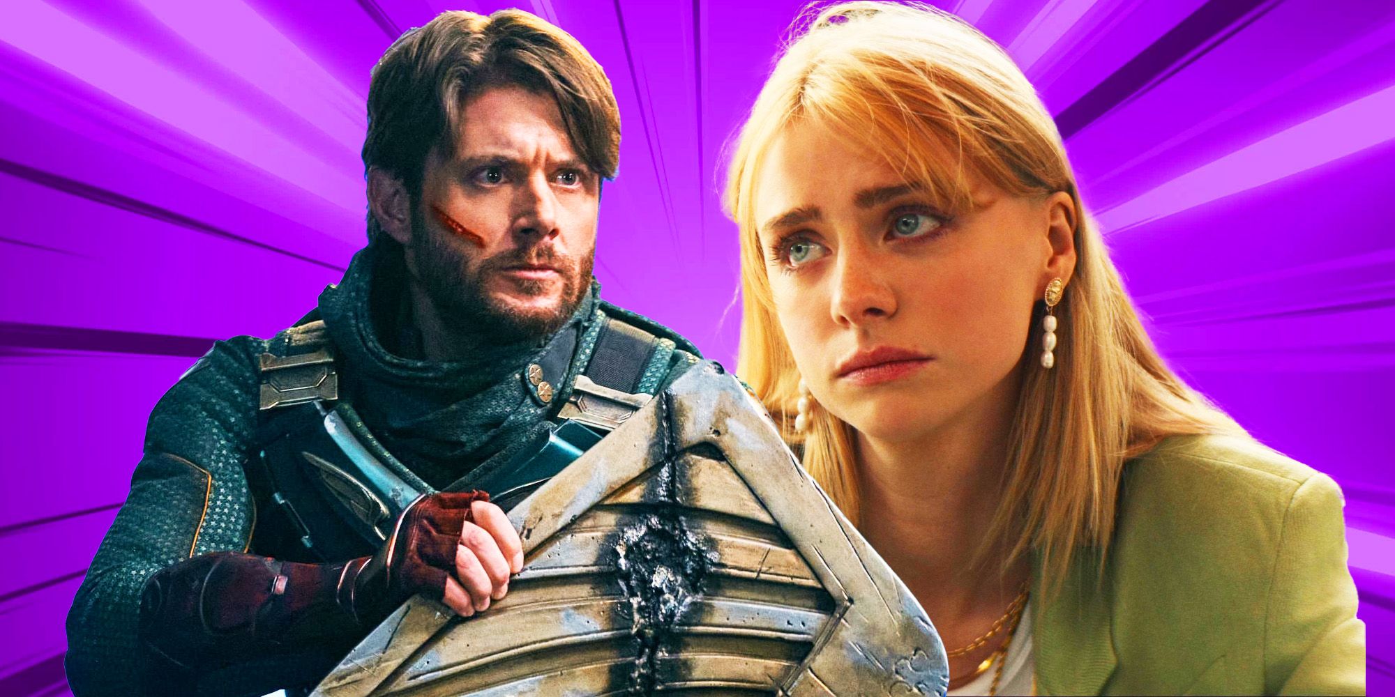 Soldier Boy from The Boys and Cate from Gen V with a purple background