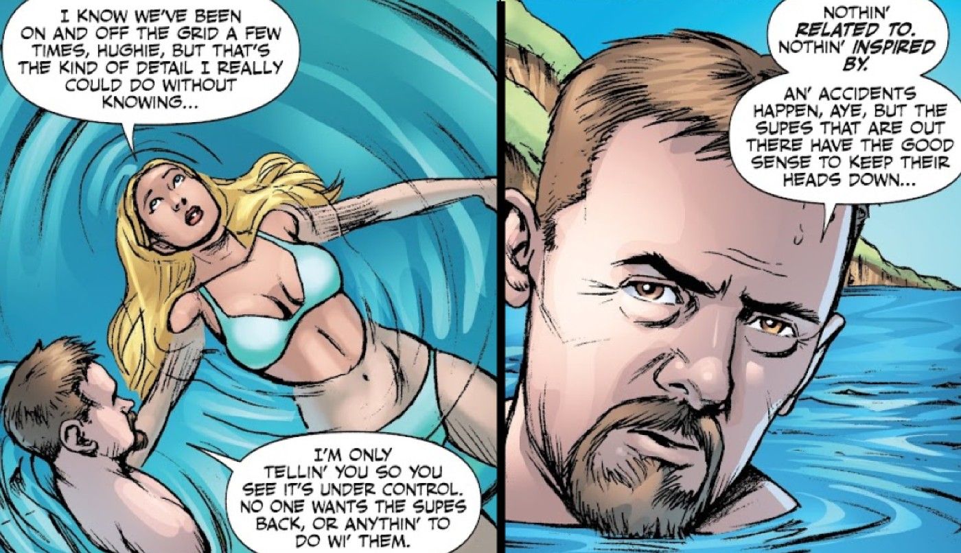 The Boys, Hughie and Annie floating in a pool as he tells her she can never return to being a superhero.