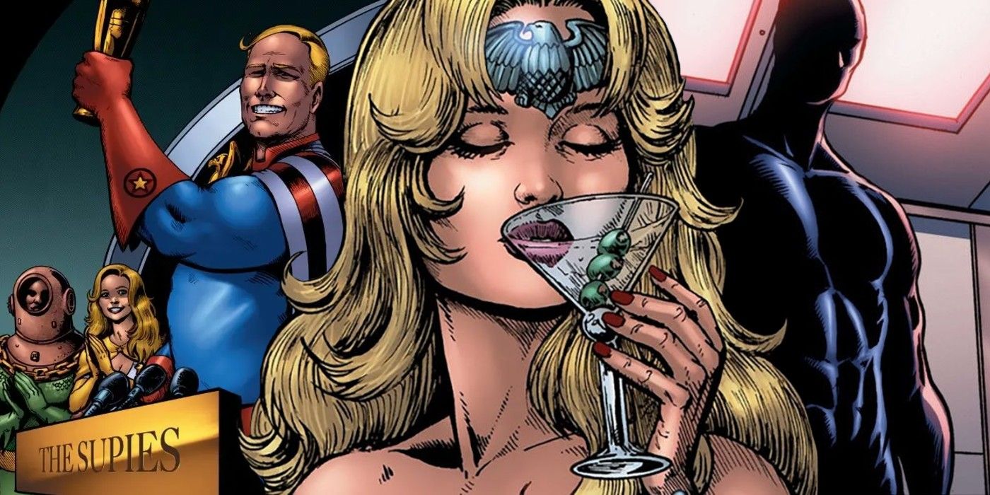 Queen Maeve drinking a martini in the Boys comic, with members of the Seven in the background