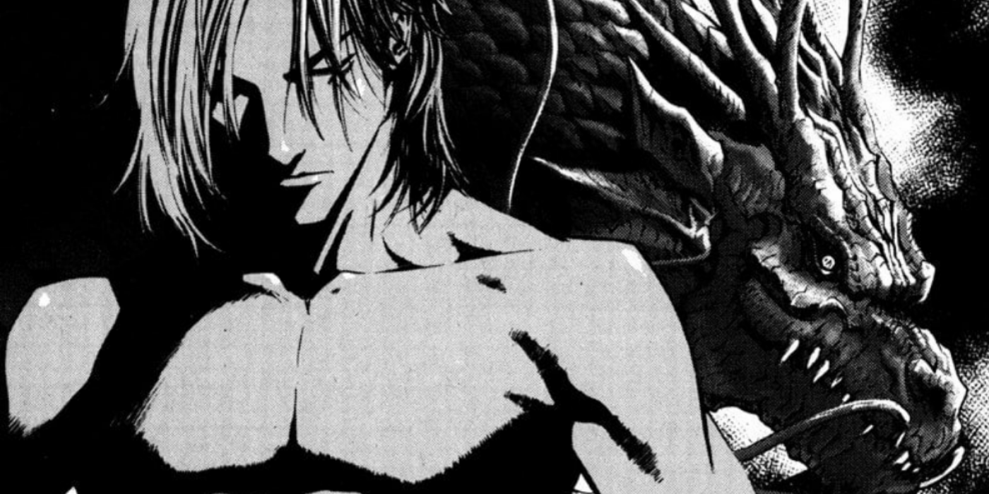 Black and white photo of a man and dragon from The Breaker manhwa.