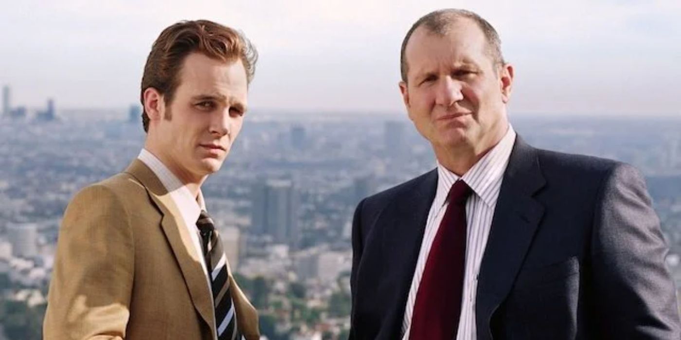 Frank and Joe posing in front of a city landscape in L.A. Dragnet
