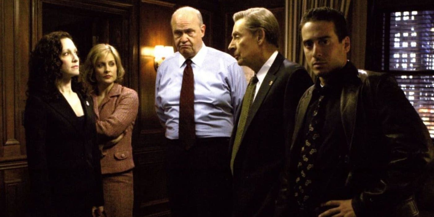 Tracey, Kelly, Arthur, Lennie and Hector looking at each other and the camera in Law and Order Trial by Jury