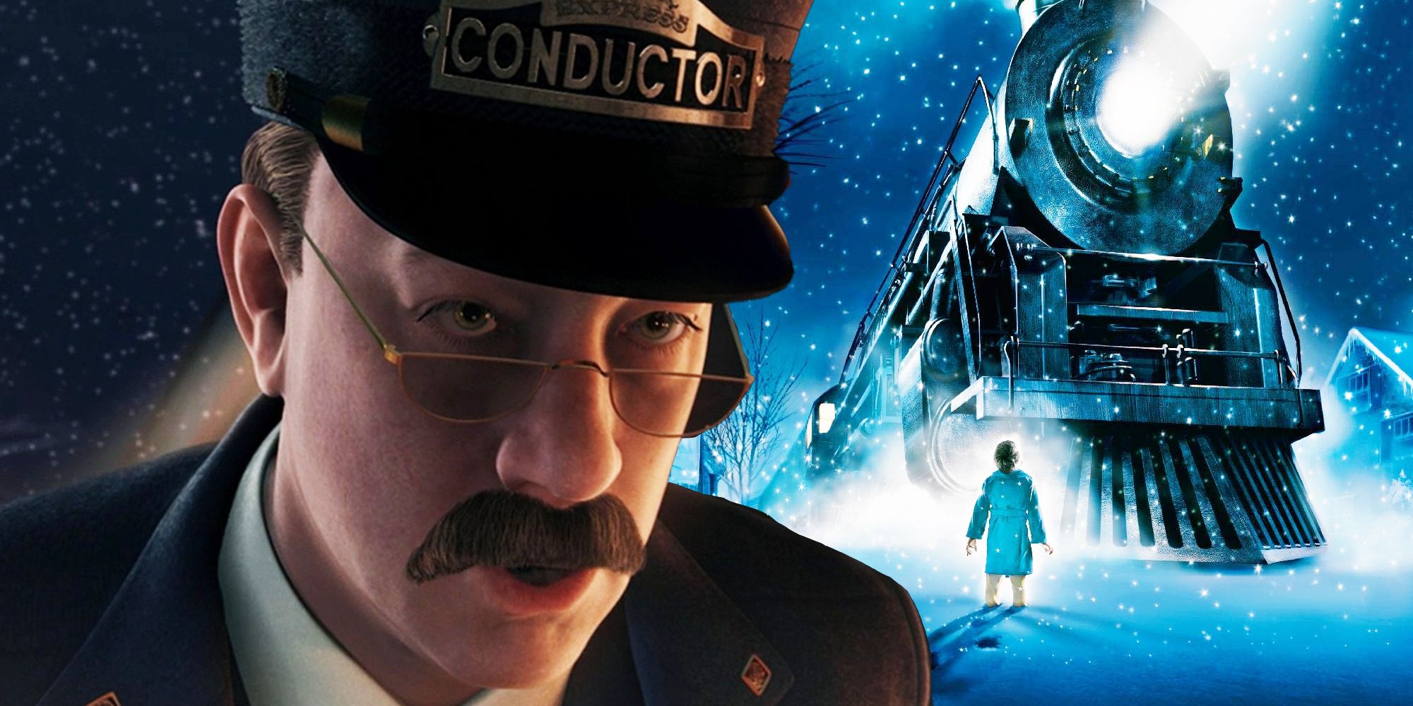 Composite image of The Conductor, voiced by Tom Hanks, and the Polar Express train from The Polar Express, directed by Ron Howard in 2004