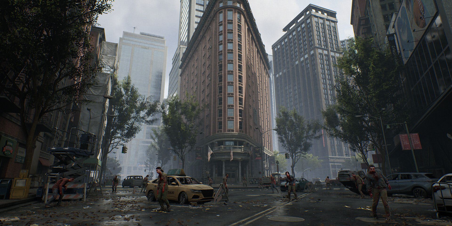 In a screenshot from The Day Before, zombies roam a desolate city street in front of the game&rsquo;s recreation of the Flatiron Building.