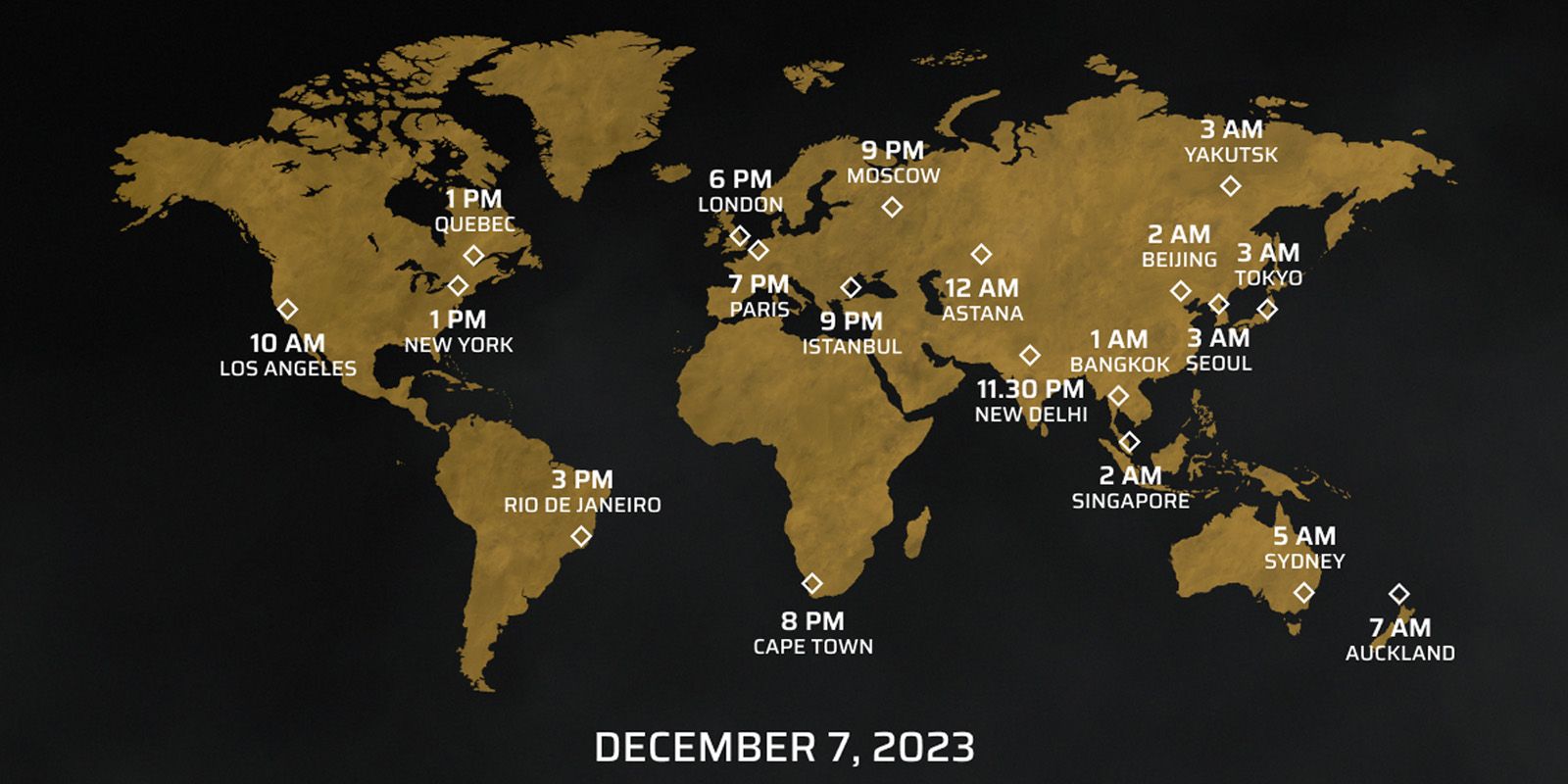 A map of the world showing the times that The Day Before releases in major cities.