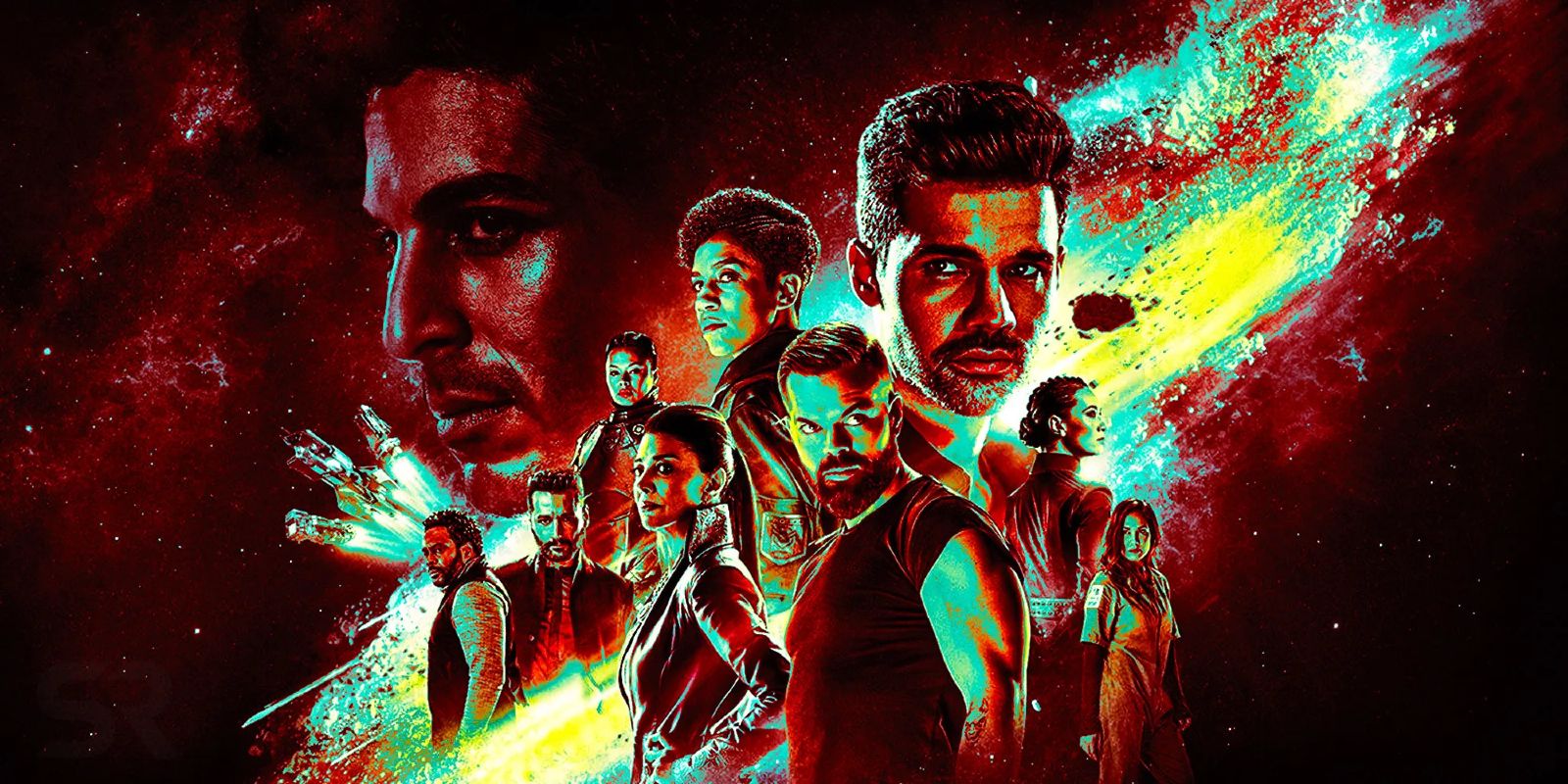 This image shows the cast of The Expanse with a red and teal overlay.