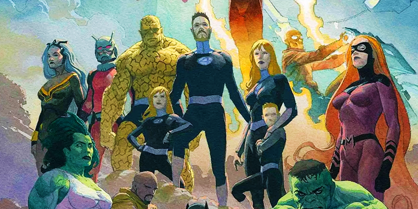 The Fantastic Four with Valeria and Franklin Richards and other heroes in Marvel Comics