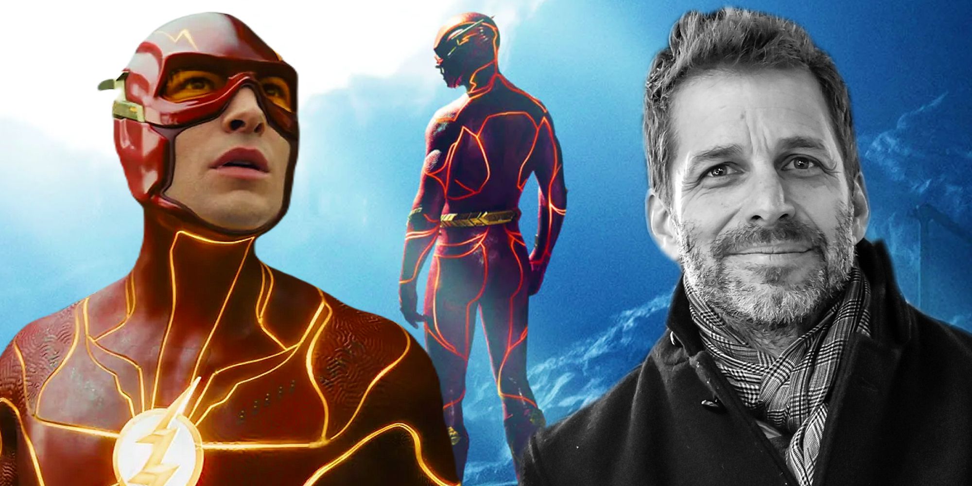 Ezra Miller looking shocked as the Flash next to The Flash 2023's poster and Zack Snyder