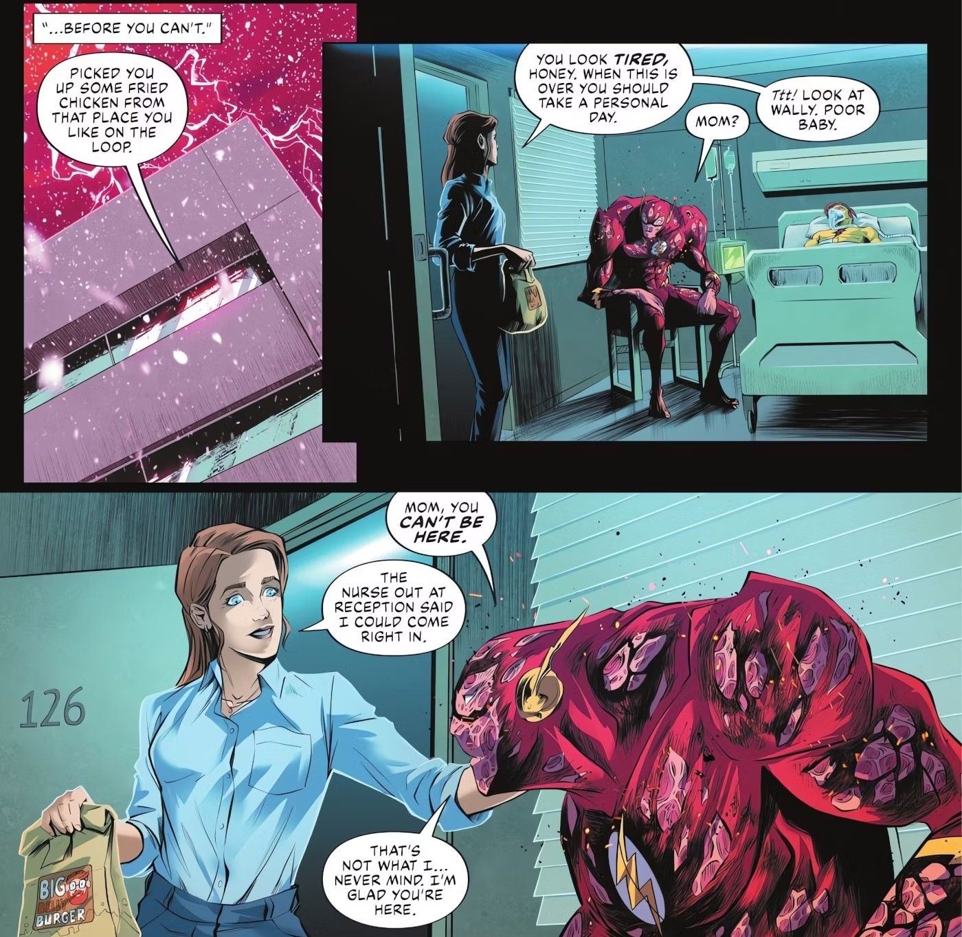 Comic book panels: a burned and warped-looking Flash talks to a brown-haired woman in a hospital room.